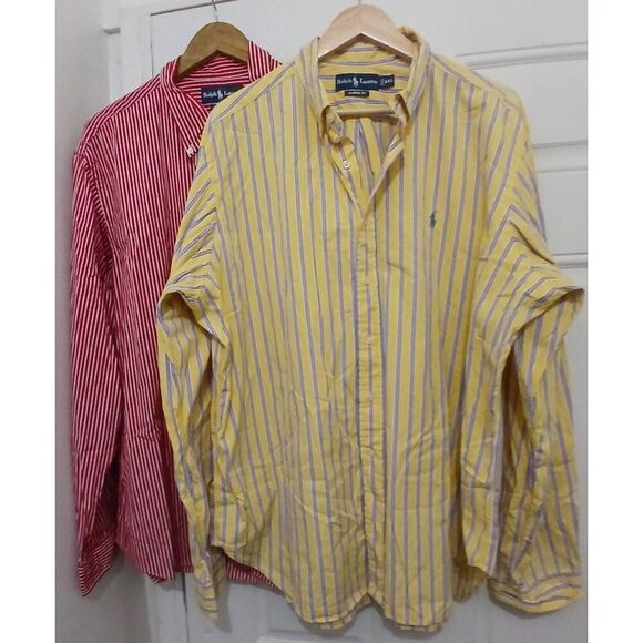 2 lot mens 2xl poplin polo ralph lauren yellow red pin stripe button down shirt - Picture 1 of 7